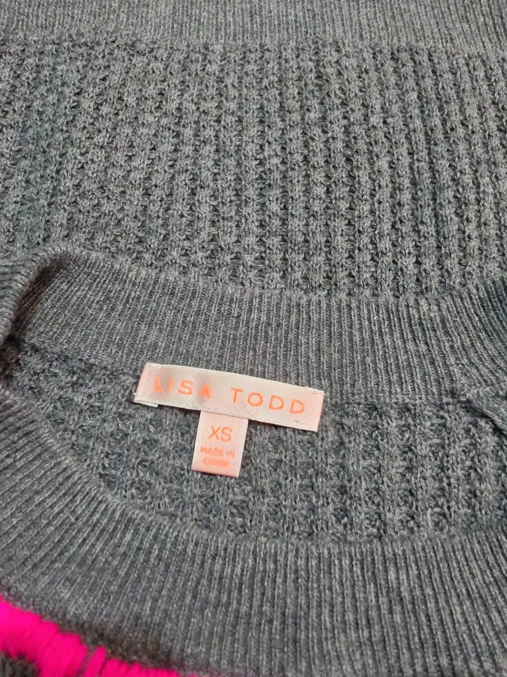 Lisa Todd Anthropologie Gray Waffle Cashmere Blend Hot Pink Accent Women’s XS